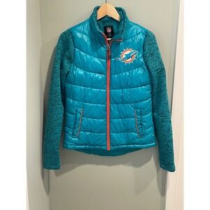 NFL Miami Dolphins Womens Puffer‎ Jacket Teal Turquoise Knit Sleeve
